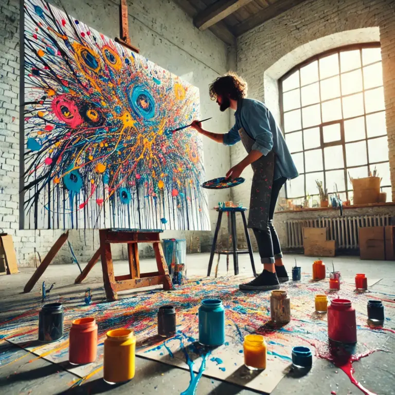 DALL·E-2024-10-30-01.50.22-An-artist-in-a-studio-using-the-dripping-technique-in-modern-painting-splattering-paint-onto-a-large-canvas-on-the-floor.-The-artist-is-working-ene