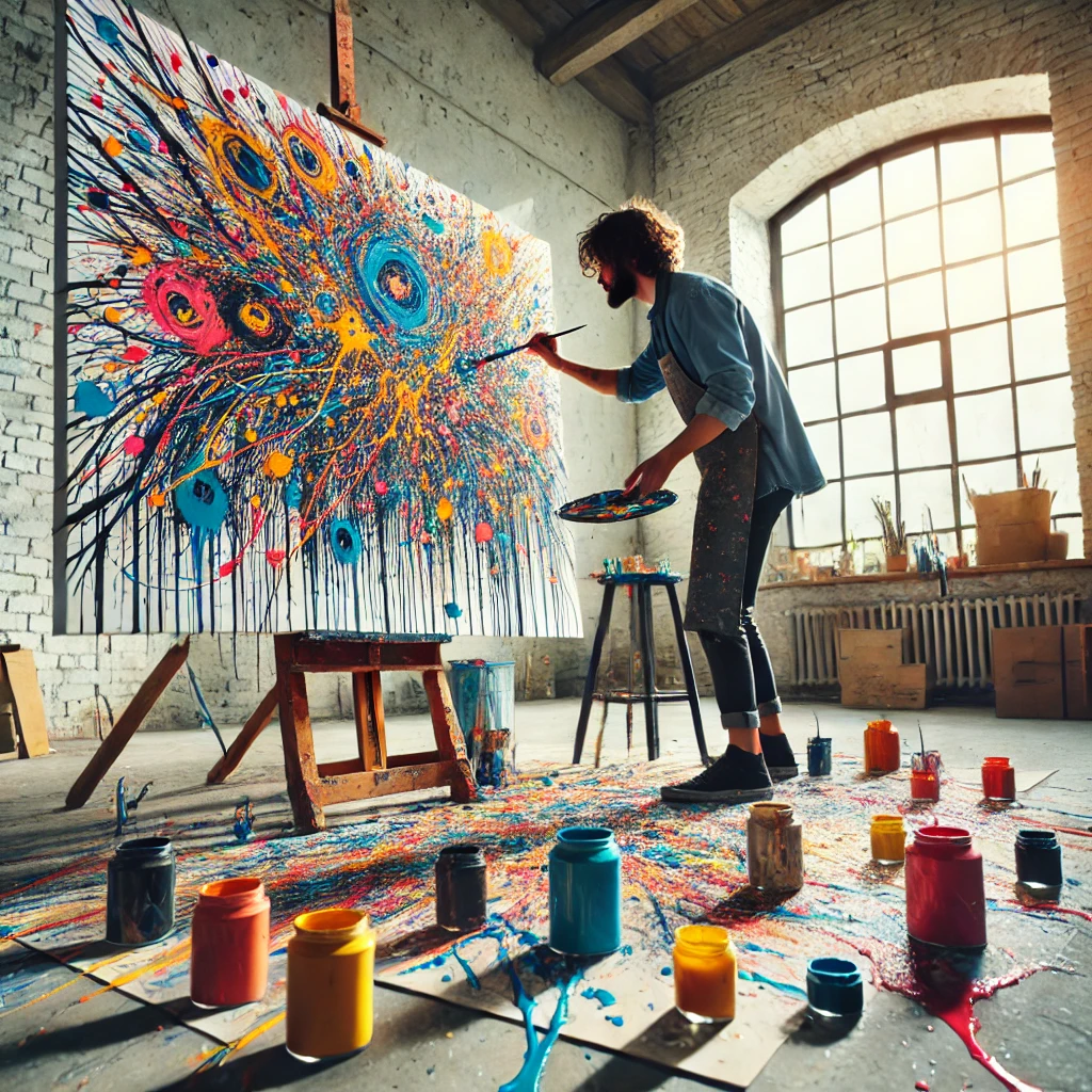 DALL·E-2024-10-30-01.50.22-An-artist-in-a-studio-using-the-dripping-technique-in-modern-painting-splattering-paint-onto-a-large-canvas-on-the-floor.-The-artist-is-working-ene